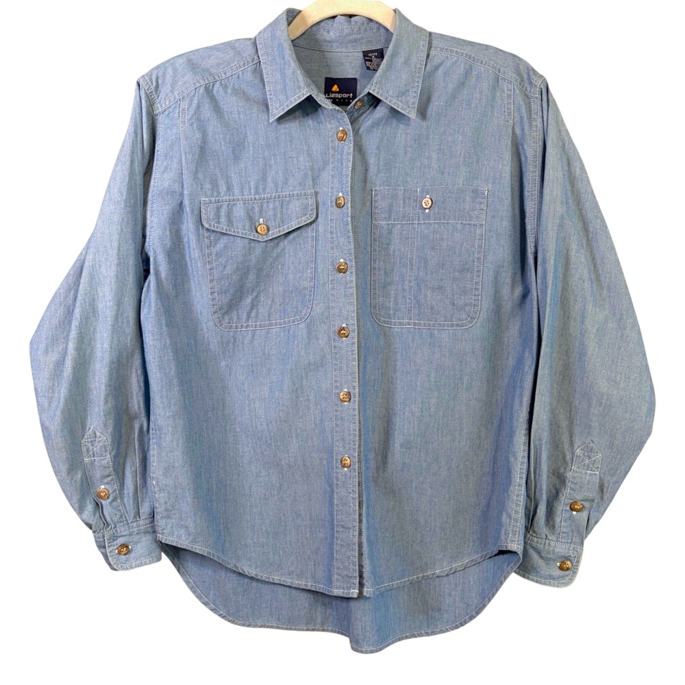 Vintage Lizsport Petite Denim Button Down Shirt Small Blue Cotton Deadstock 90s